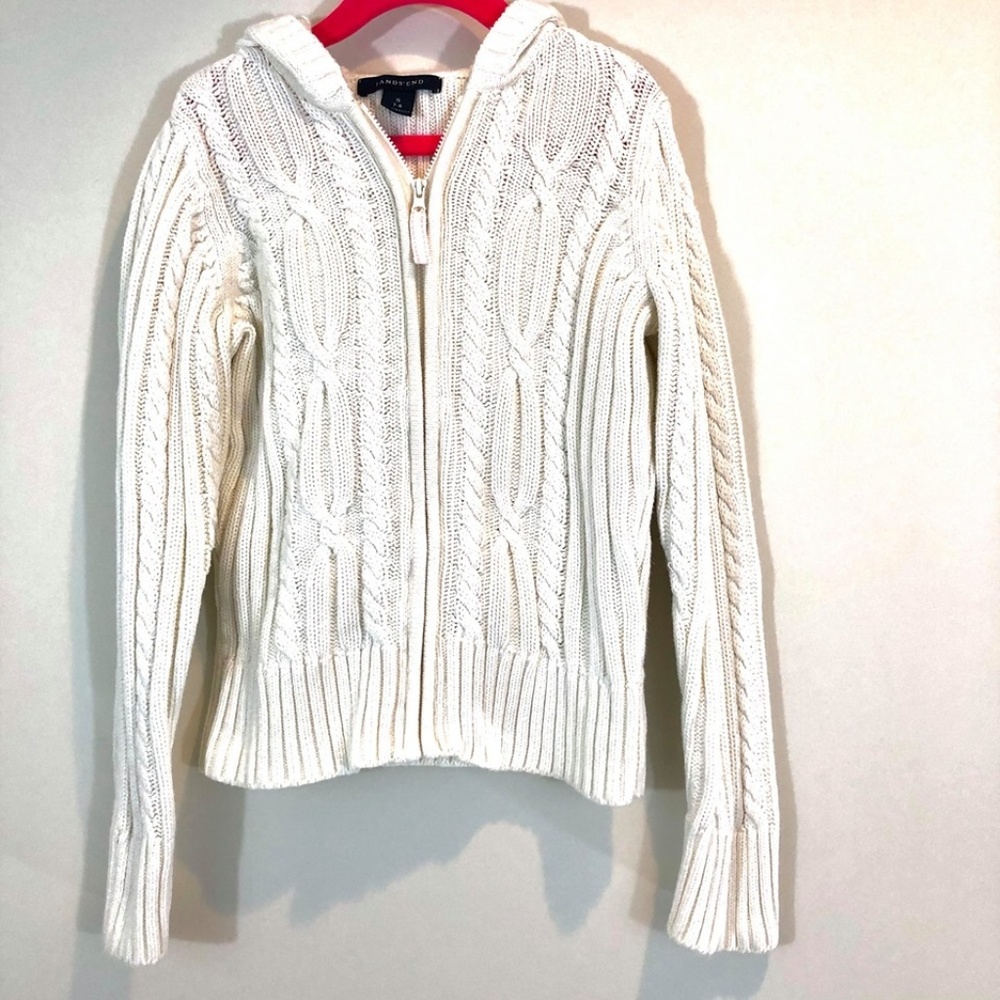 Lands' End Girls White Cable Knit Hooded Sweater S